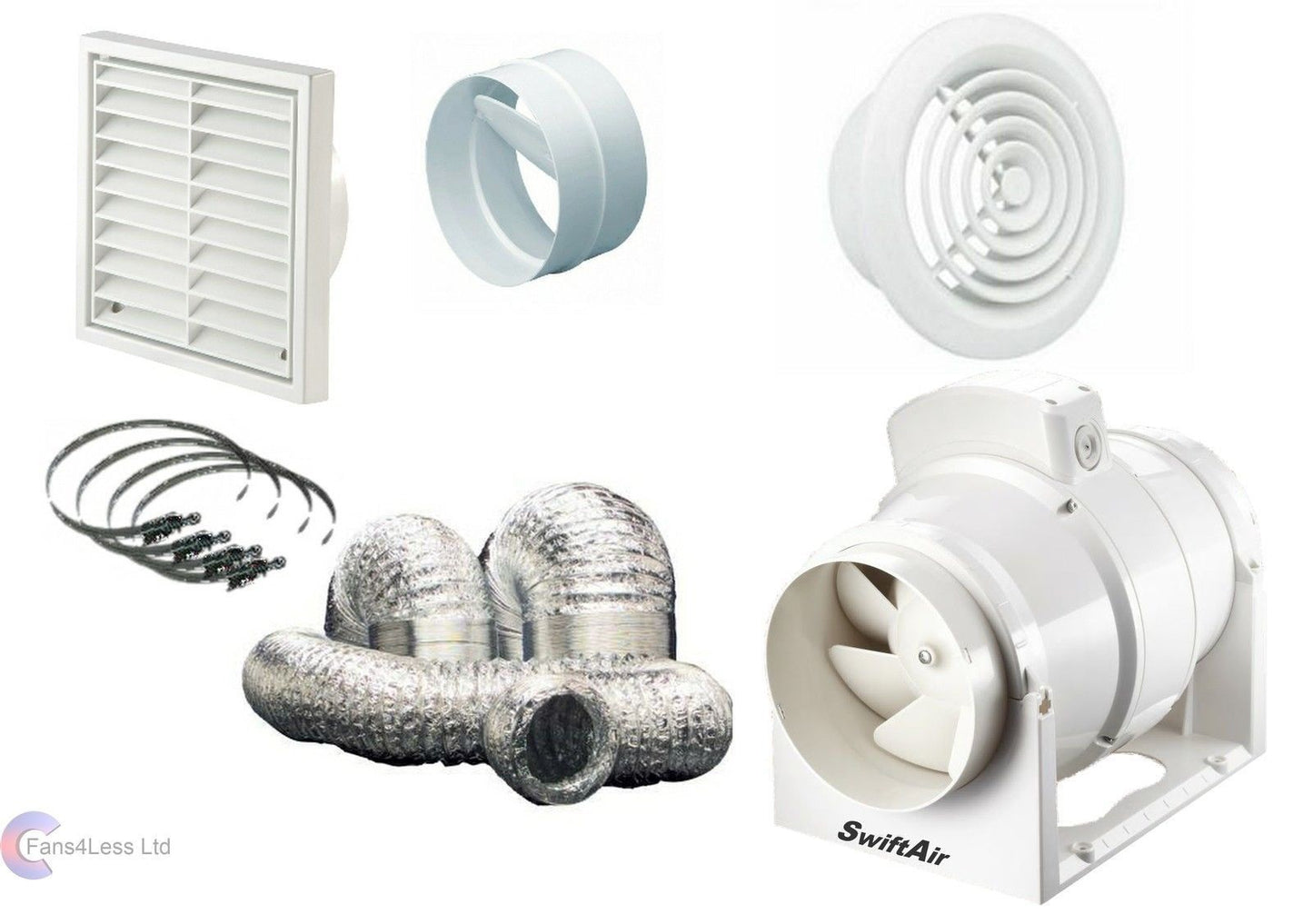 Swiftair XFLO 4" 5" 6" Mixed Flow Inline Fan Complete Kit Back Draught Shutter