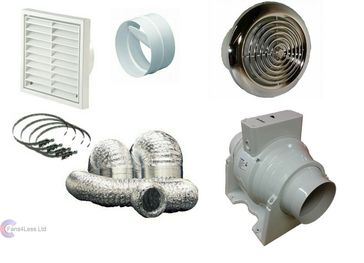 SMF 4 5 6" MixedFlow Inline Fan Complete Kit Back Draught Shutter Chrome Grille
