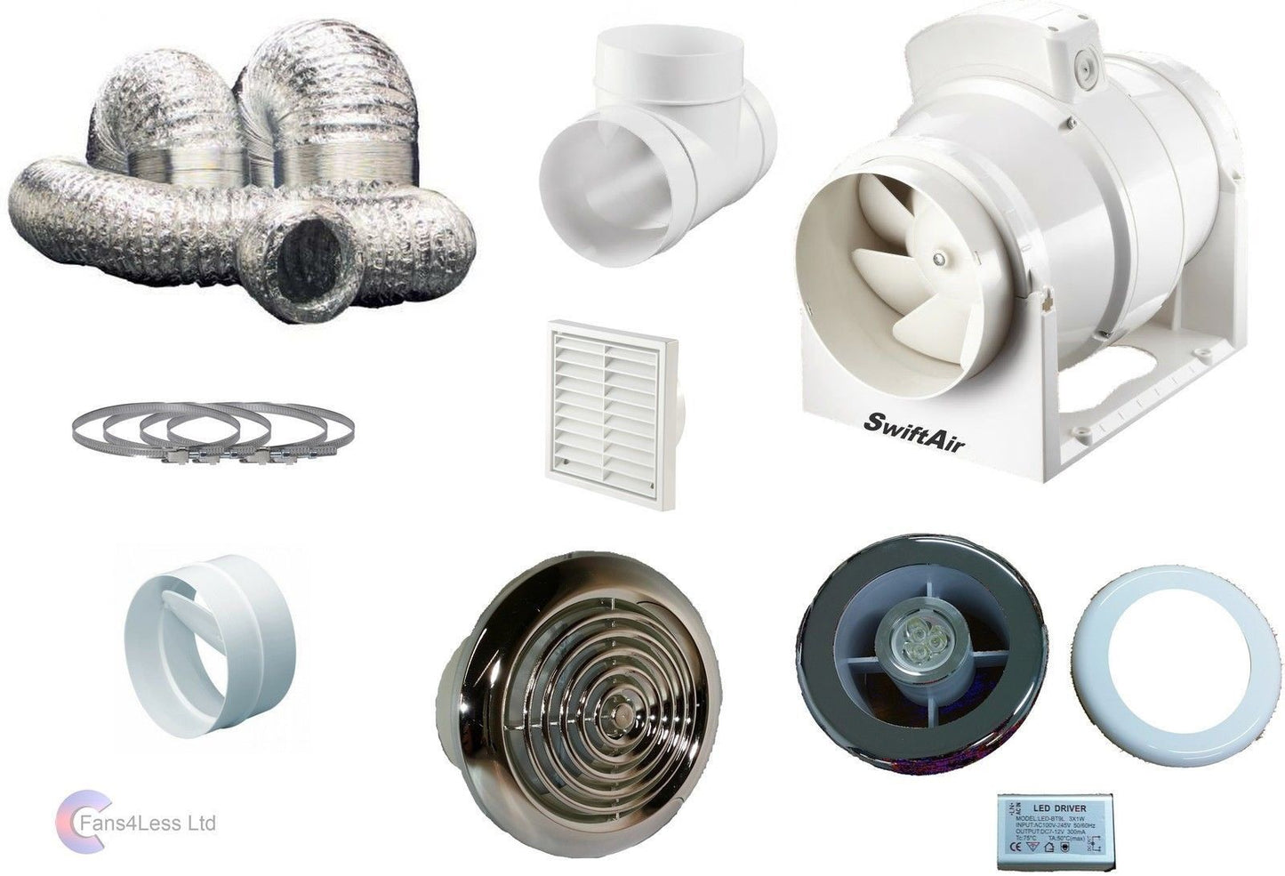 Inline Extractor Fan Bathroom System Chrome & Light Grilles Shower Back Draught