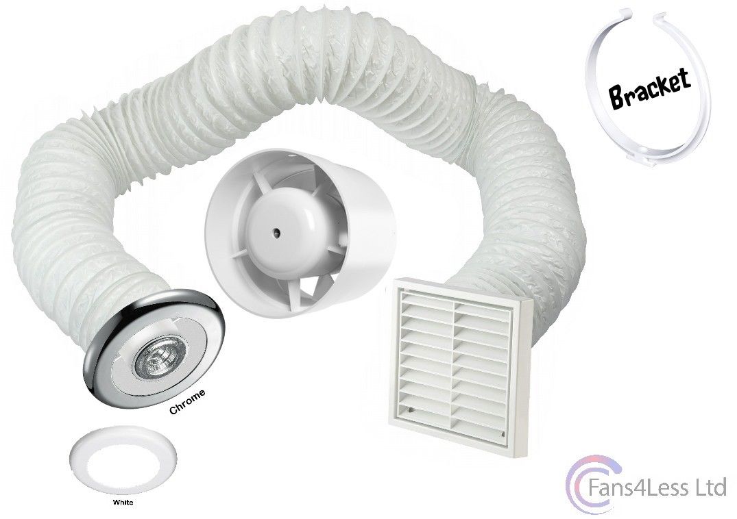 4" 100mm Inline Extractor Fan Timer Standard LED Light Chrome White Kit Bathroom Shower