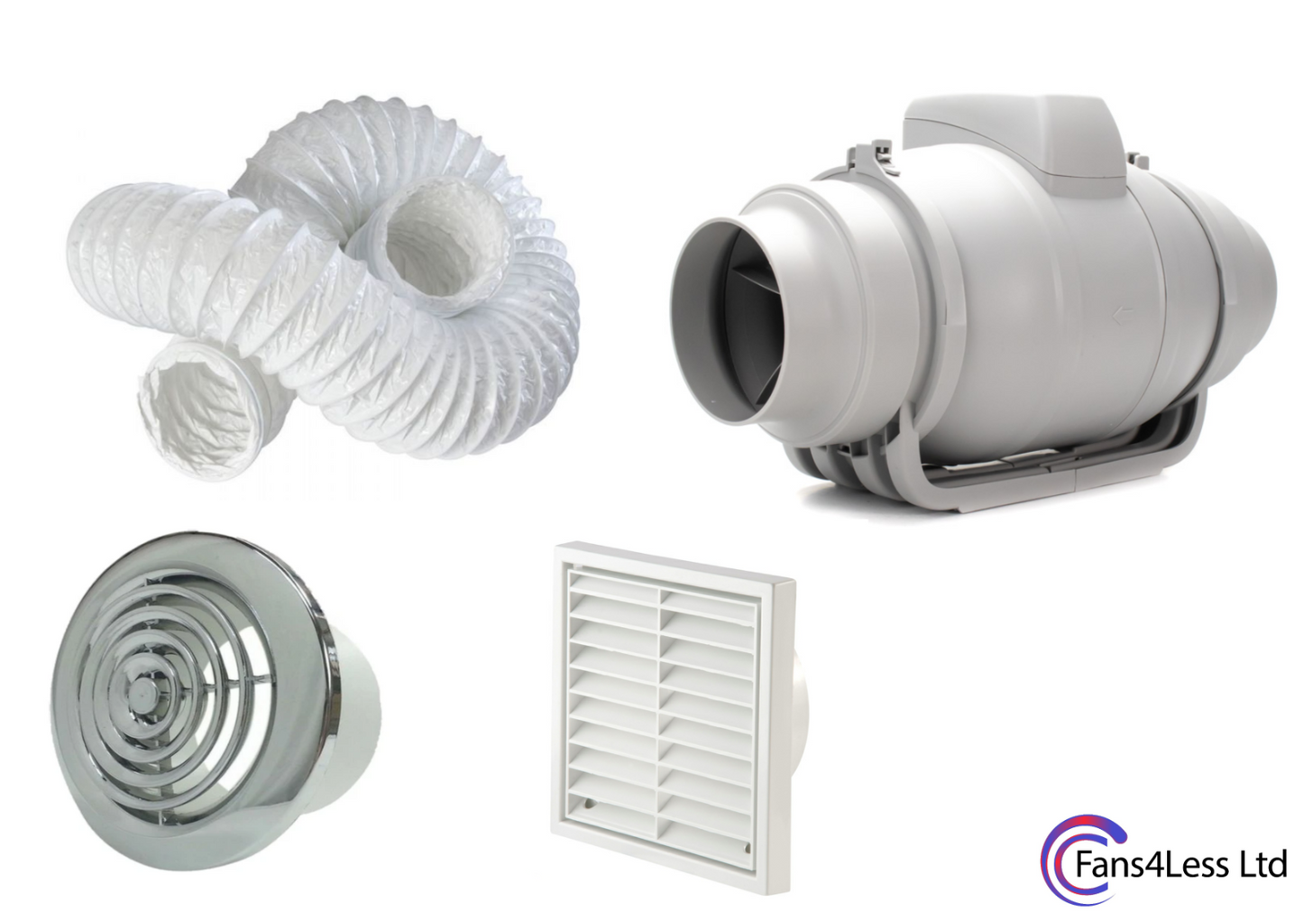 Inline Duct Chrome Grille Duct Kit Bathroom Shower Extractor Timer Fan 4" 100mm