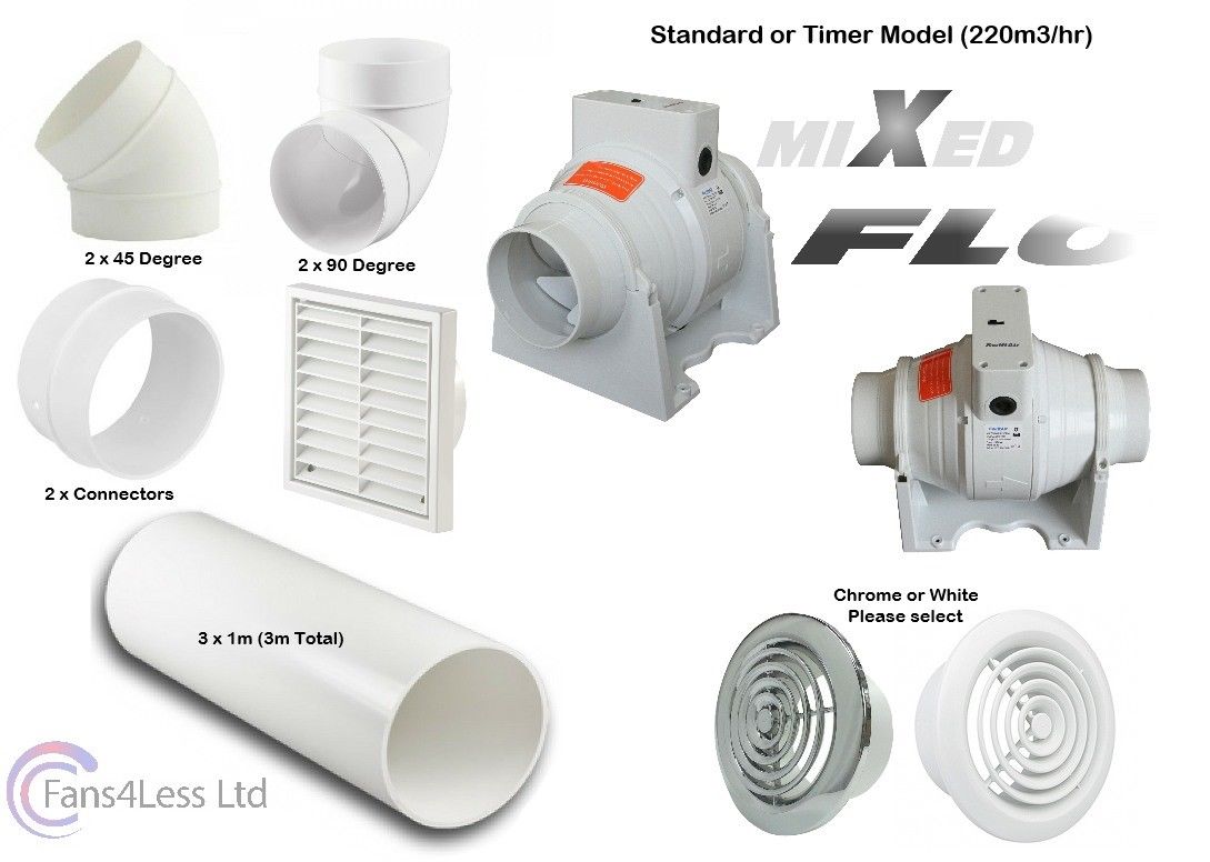 Bathroom Shower Fan Kit Rigid Duct Ceiling Mounted Extractor Duct Timer Std 4"