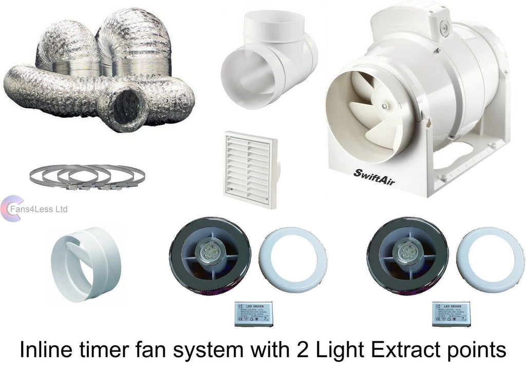 Inline Extractor Fan Bathroom System Light Grilles x 2 Shower Back Draught 4"