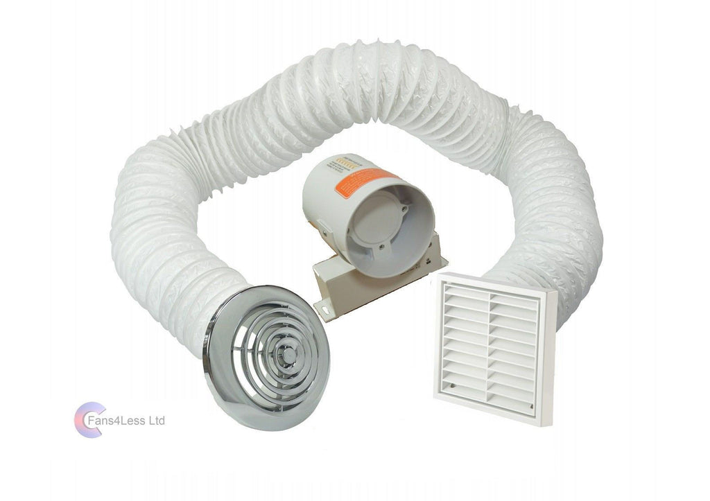 4" Inline Extractor Fan Timer Full Kit Ventilation for Bathroom Shower Chrome