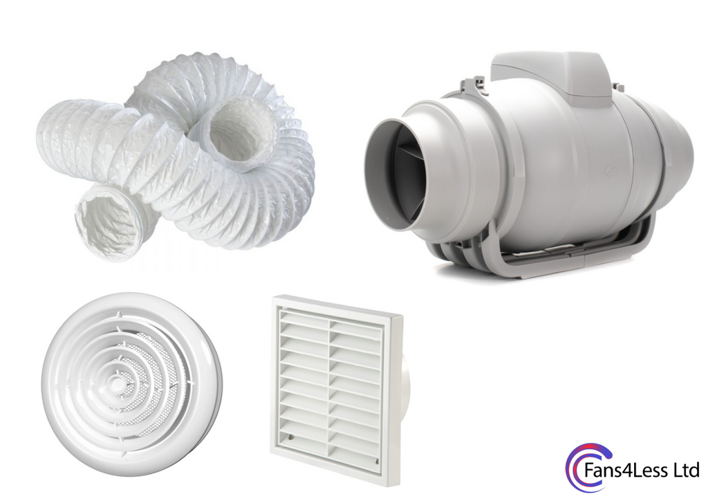 Inline Duct White Grille Duct Kit Bathroom Shower Extractor Timer Fan 4" 100mm
