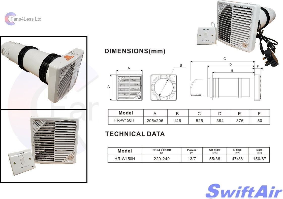 HRW150H Wall Mounted 84% Heat Recovery Unit Supply Extract Fan Humidity Bathroom